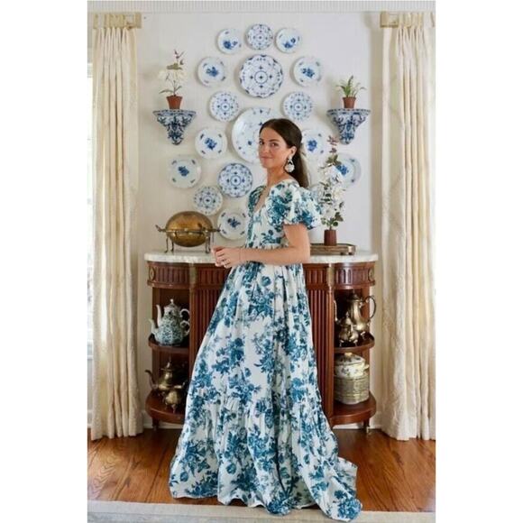LoveShackFancy DANBURY Blue Floral Maxi Gown Dress Bridal Resort Vacation Sz 2 - Picture 2 of 16